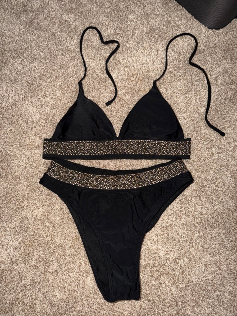 SHEIN Black Bikini Set with Gold Studded Trim